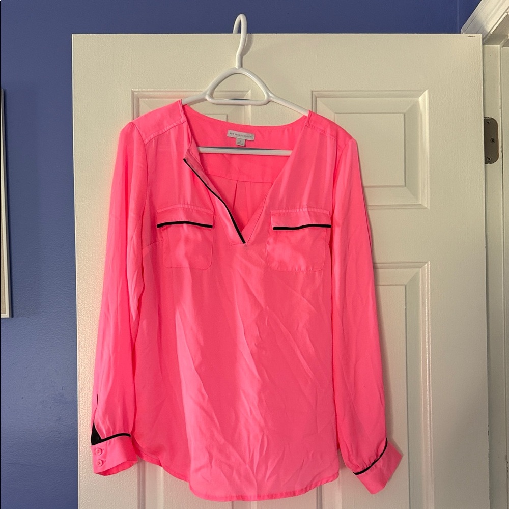 New York & Company Neon Pink Blouse with Black Accents